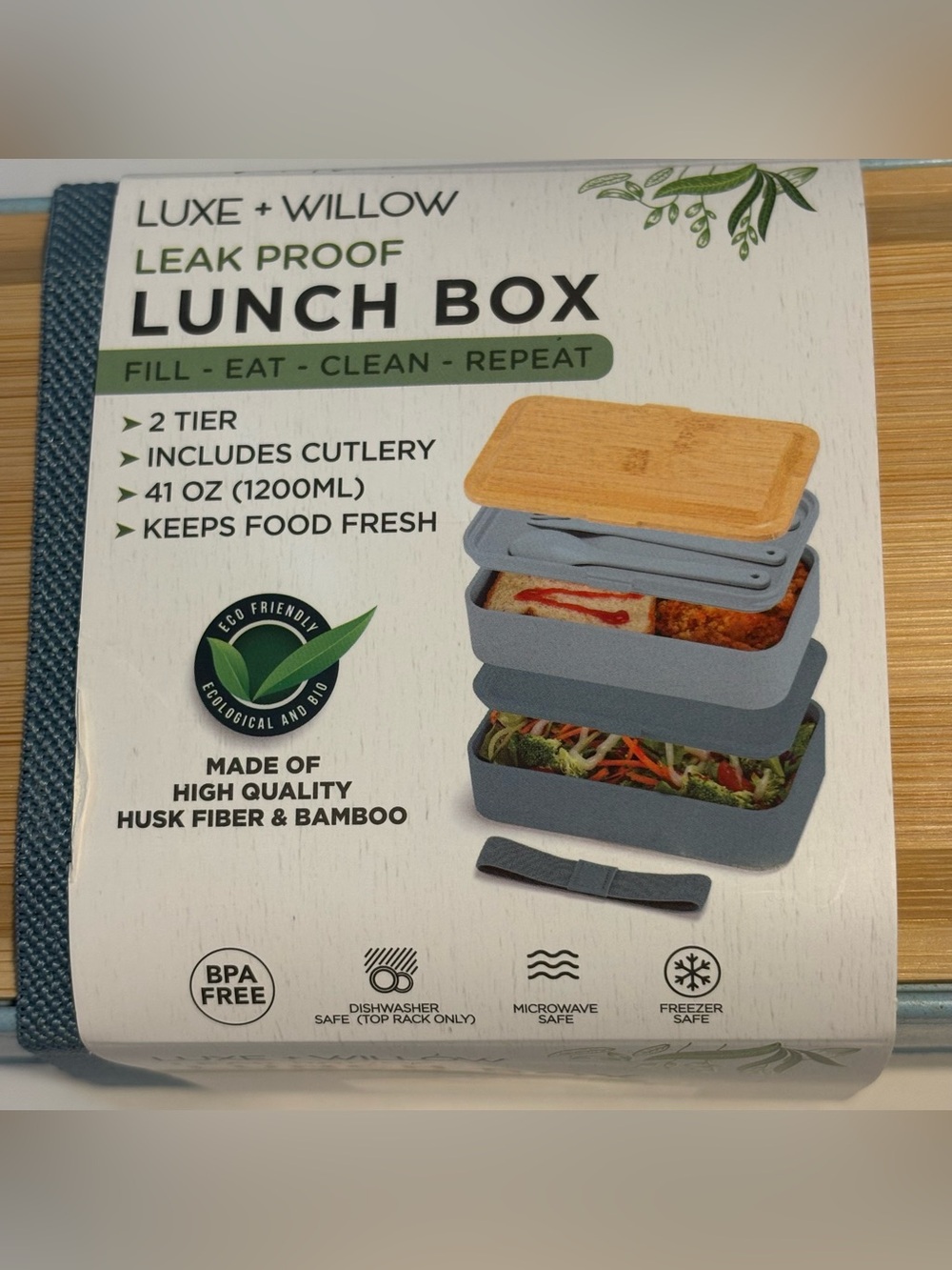 NWT Bento Box Nesting Lunch Box 2 Tier Leak Proof Cutlery Blue Bamboo Lid
